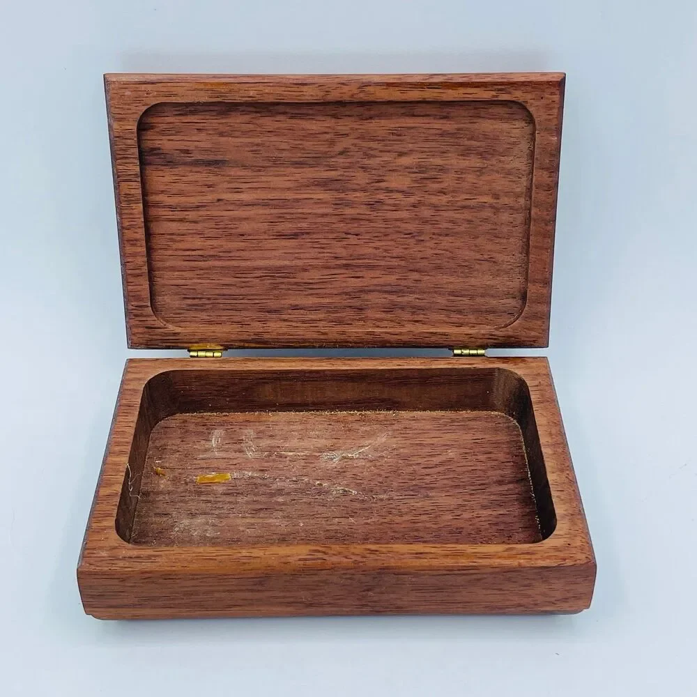 Vintage Hand Crafted Small Rectangular Wooden Trinket Jewelry Box w/ Hinges